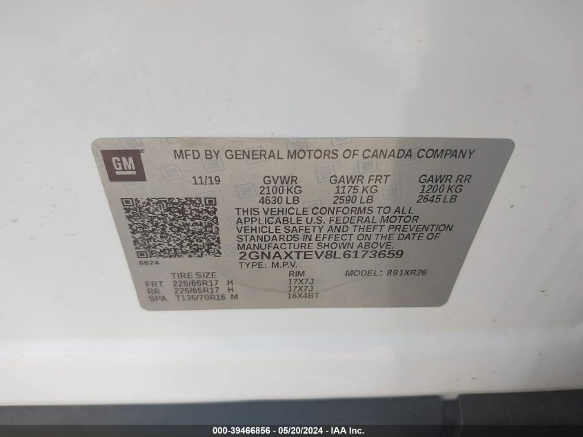 2020 Chevrolet Equinox Awd 2Fl VIN: 2GNAXTEV8L6173659 Lot: 39466856