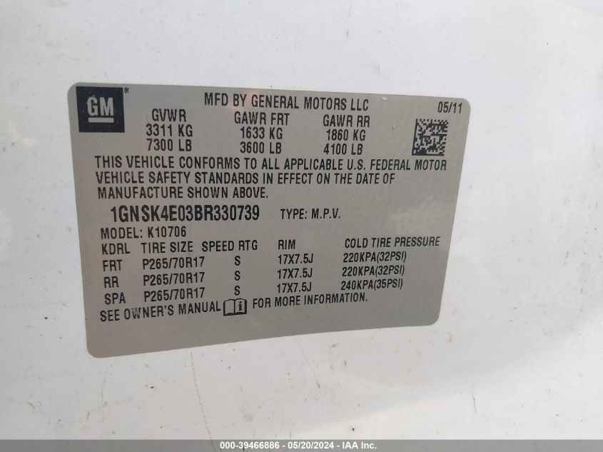 2011 Chevrolet Tahoe Commercial VIN: 1GNSK4E03BR330739 Lot: 39466886