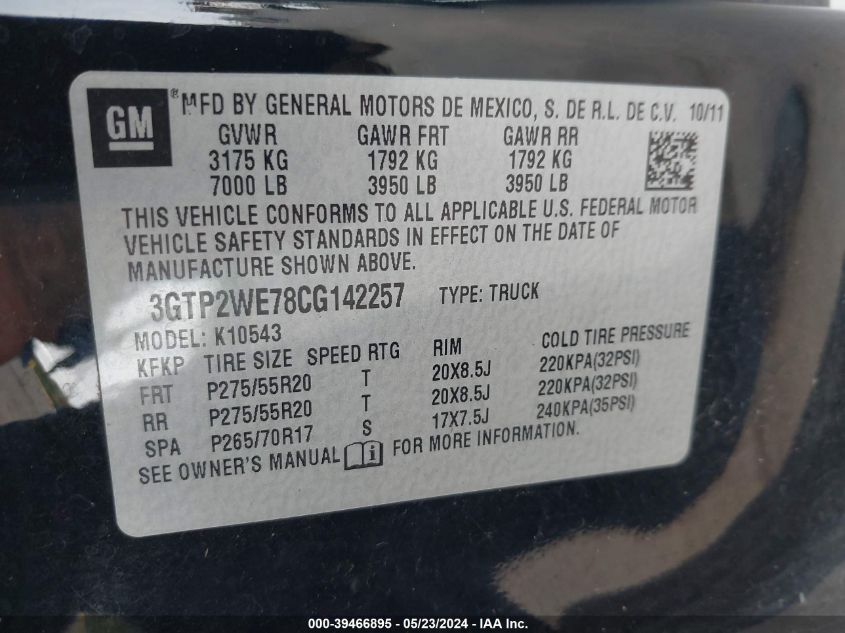 2012 GMC Sierra 1500 Slt VIN: 3GTP2WE78CG142257 Lot: 39466895