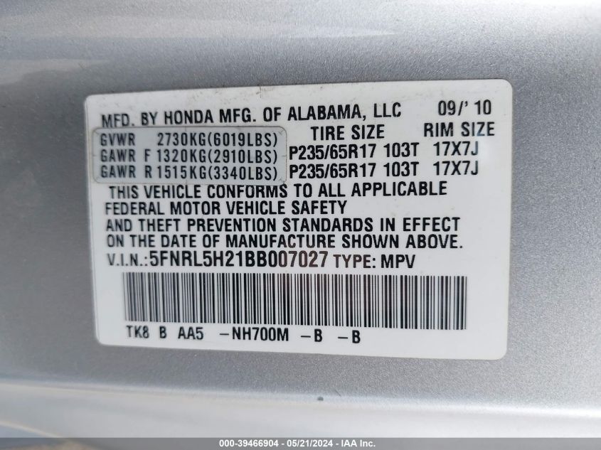 2011 Honda Odyssey Lx VIN: 5FNRL5H21BB007027 Lot: 39466904