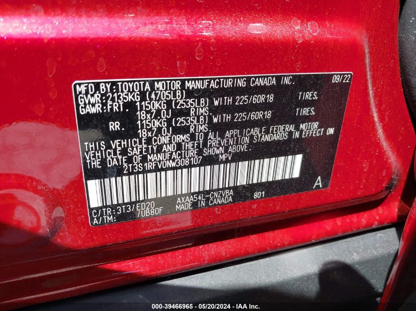 2022 Toyota Rav4 Trd Off Road VIN: 2T3S1RFV0NW308107 Lot: 39466965