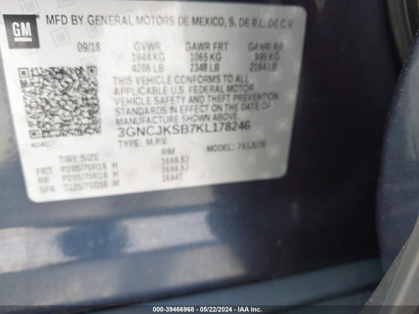 2019 Chevrolet Trax Ls VIN: 3GNCJKSB7KL178246 Lot: 39466968