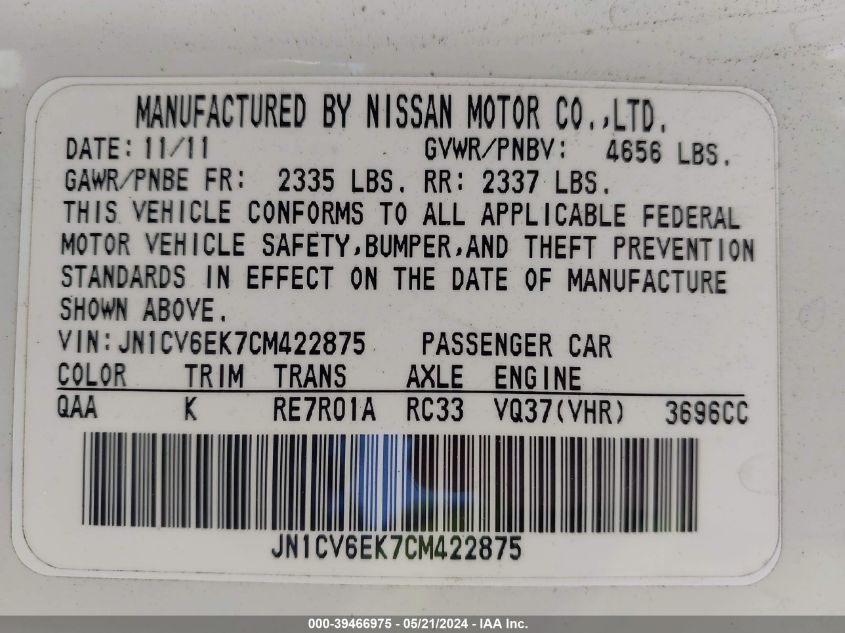 2012 Infiniti G37 Journey VIN: JN1CV6EK7CM422875 Lot: 39466975