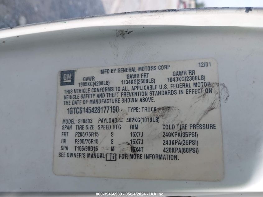 2002 GMC Sonoma Sl VIN: 1GTCS145428177190 Lot: 39466989