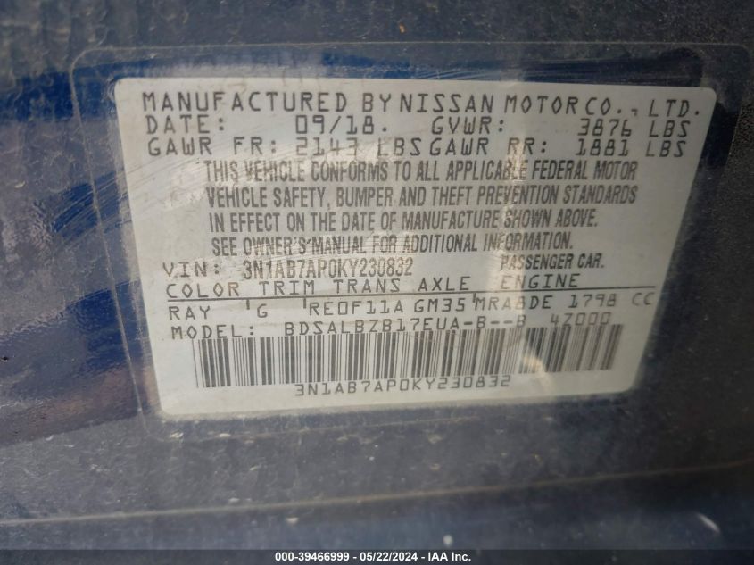 3N1AB7AP0KY230832 2019 Nissan Sentra S