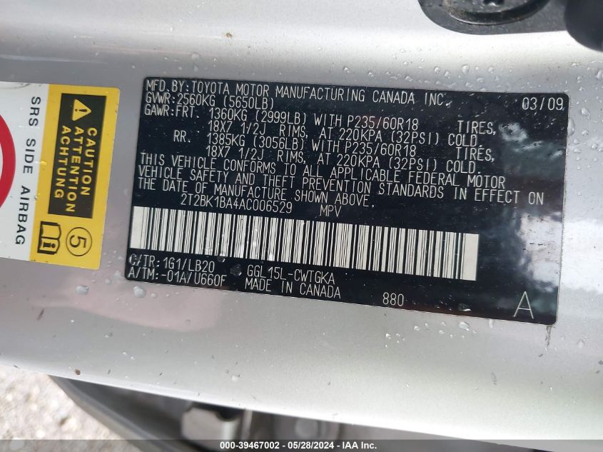 2010 Lexus Rx 350 VIN: 2T2BK1BA4AC006529 Lot: 39467002