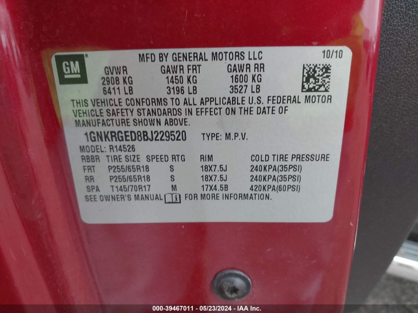 2011 Chevrolet Traverse 1Lt VIN: 1GNKRGED8BJ229520 Lot: 39467011