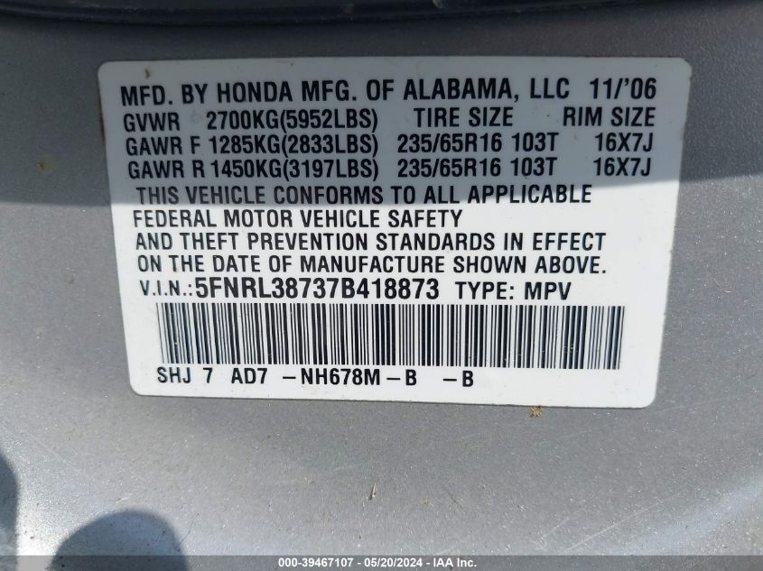 2007 Honda Odyssey Ex-L VIN: 5FNRL38737B418873 Lot: 39467107