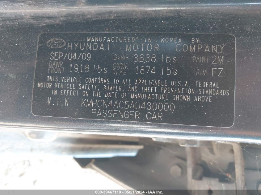 2010 Hyundai Accent Gls VIN: KMHCN4AC5AU430000 Lot: 39467110