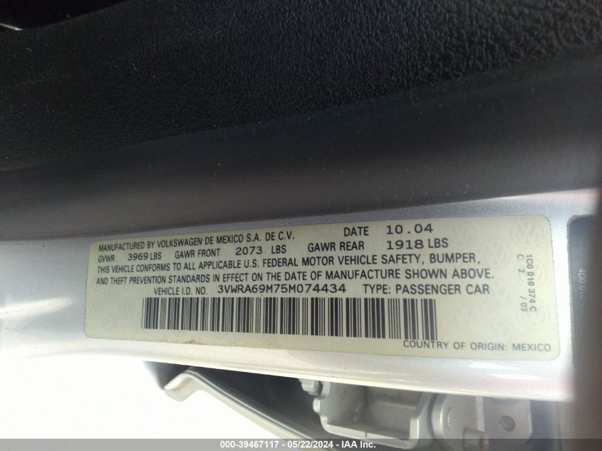 2005 Volkswagen Jetta Gl VIN: 3VWRA69M75M074434 Lot: 39467117