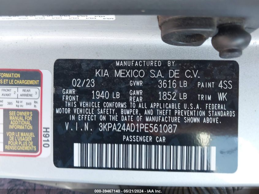 2023 Kia Rio S VIN: 3KPA24AD1PE561087 Lot: 39467140