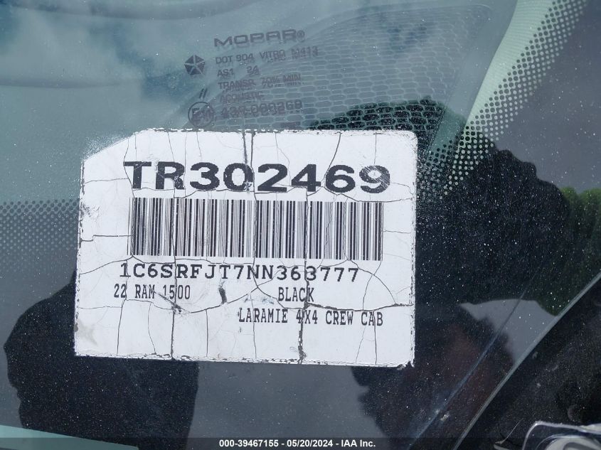 2022 Ram 1500 Laramie VIN: 1C6SRFJT7NN36377 Lot: 39467155