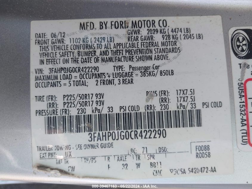 2012 Ford Fusion Sel VIN: 3FAHP0JG0CR422290 Lot: 39467163