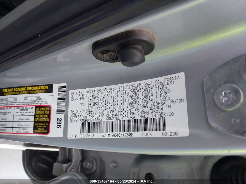 2008 Toyota Tacoma Prerunner V6 VIN: 3TMKU72N98M017368 Lot: 39467164