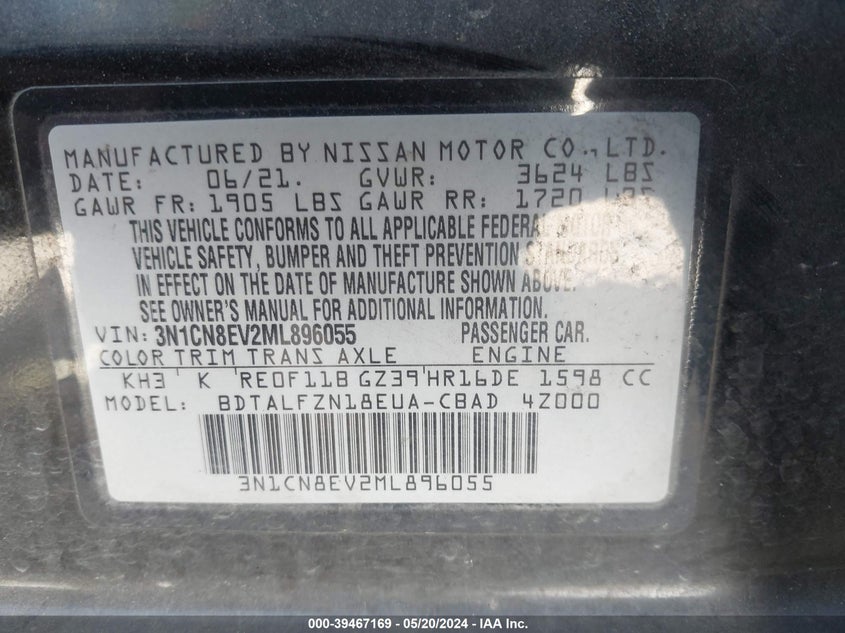 2021 Nissan Versa Sv Xtronic Cvt VIN: 3N1CN8EV2ML896055 Lot: 39467169