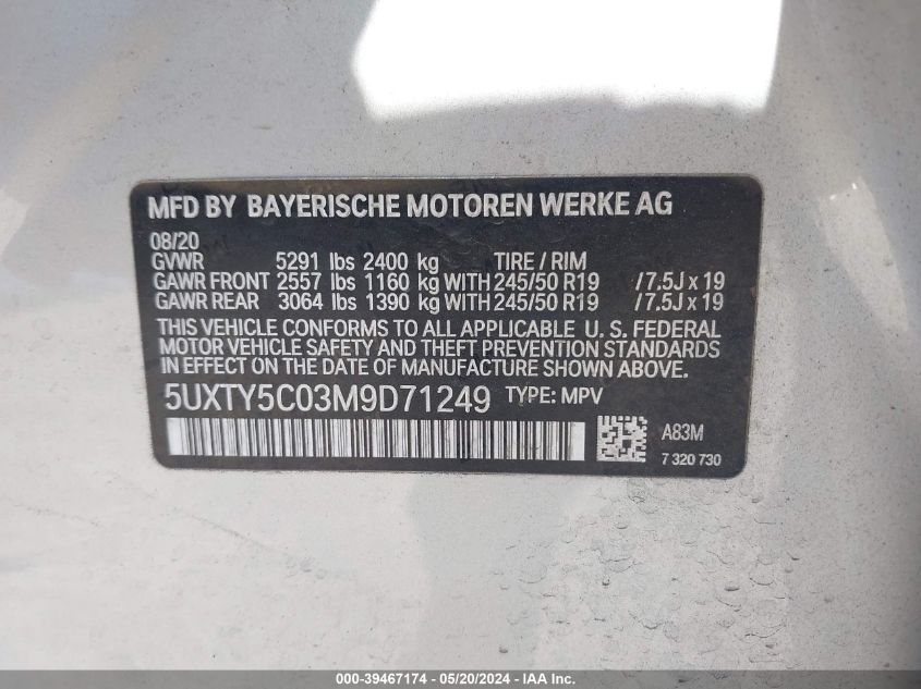 2021 BMW X3 xDrive30I VIN: 5UXTY5C03M9D71249 Lot: 39467174