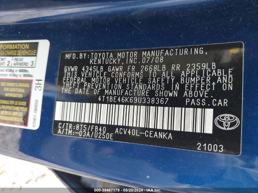 2009 Toyota Camry Le VIN: 4T1BE46K69U338367 Lot: 39467179