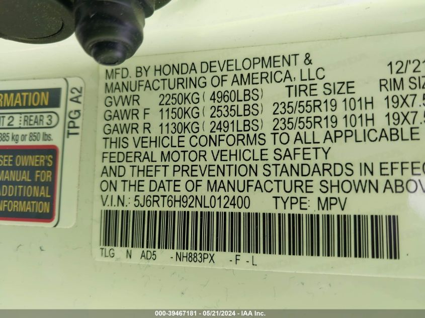 2022 Honda Cr-V Hybrid Touring VIN: 5J6RT6H92NL012400 Lot: 39467181