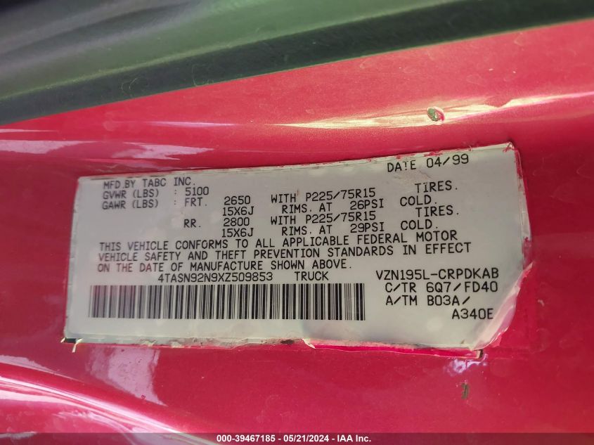 1999 Toyota Tacoma Prerunner V6 VIN: 4TASN92N9XZ509853 Lot: 39467185