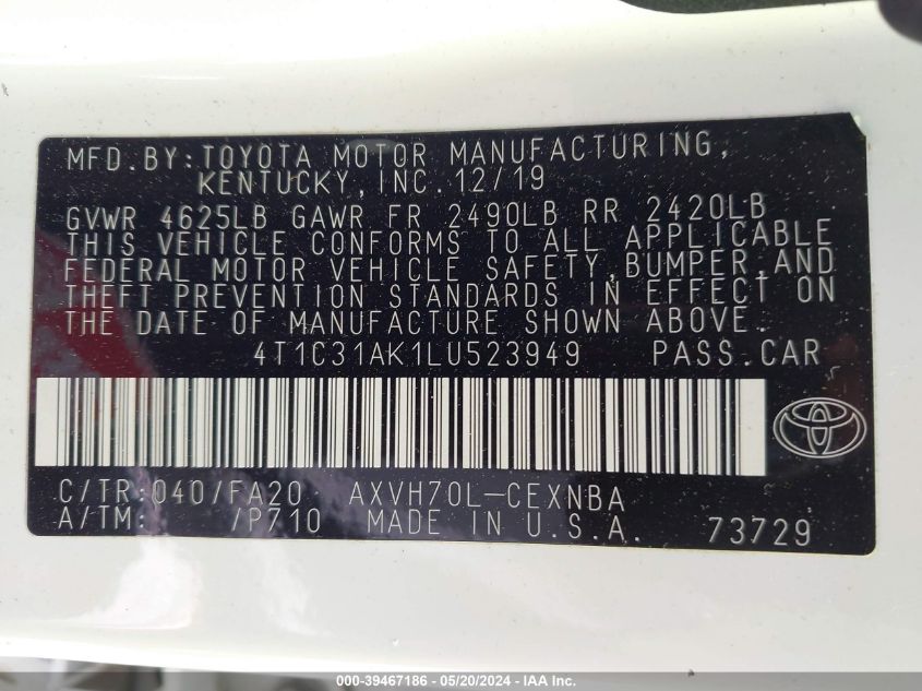 2020 Toyota Camry Le Hybrid VIN: 4T1C31AK1LU523949 Lot: 39467186