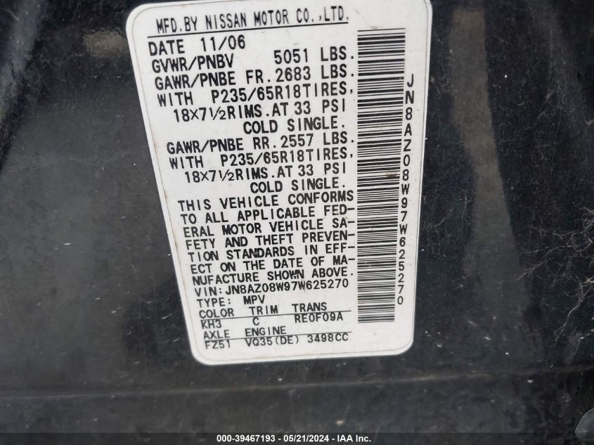 2007 Nissan Murano S VIN: JN8AZ08W97W625270 Lot: 39467193