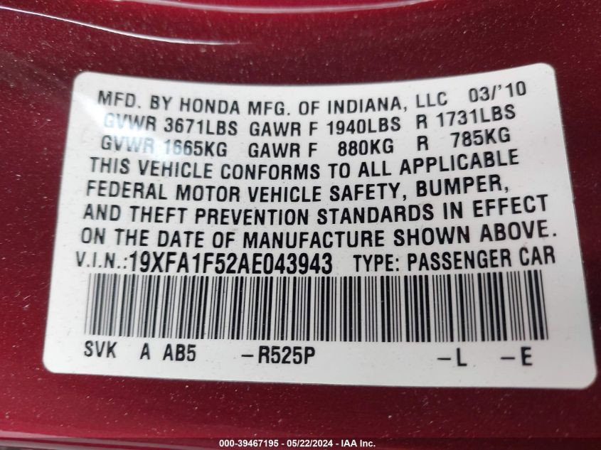 2010 Honda Civic Lx VIN: 19XFA1F52AE043943 Lot: 39467195