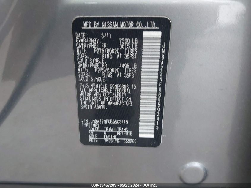 2011 Infiniti Qx56 VIN: JN8AZ2NF0B9503419 Lot: 39467209