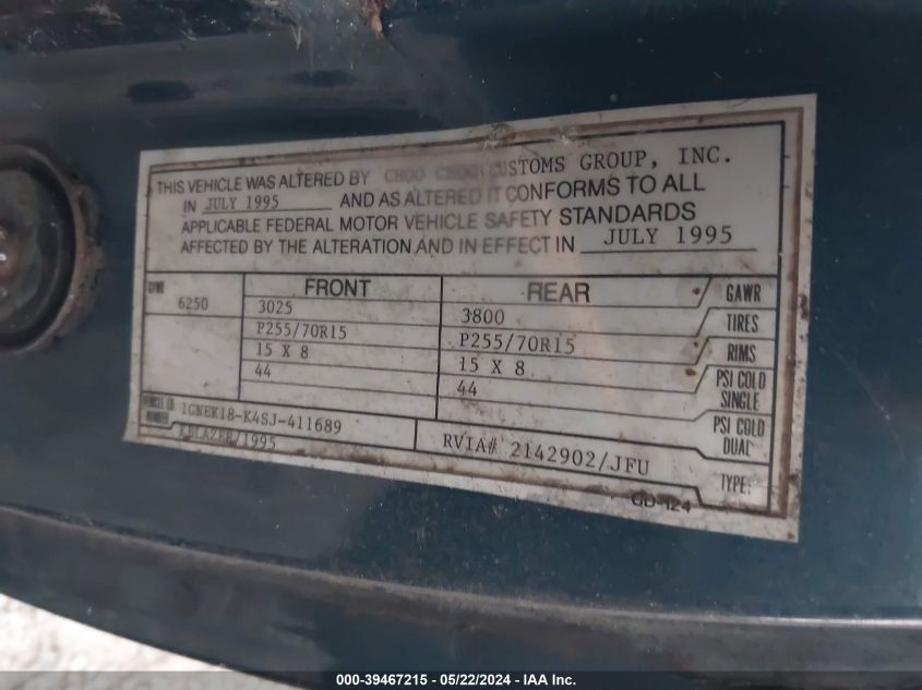 1995 Chevrolet Tahoe K1500 VIN: 1GNEK18K4SJ411689 Lot: 39467215