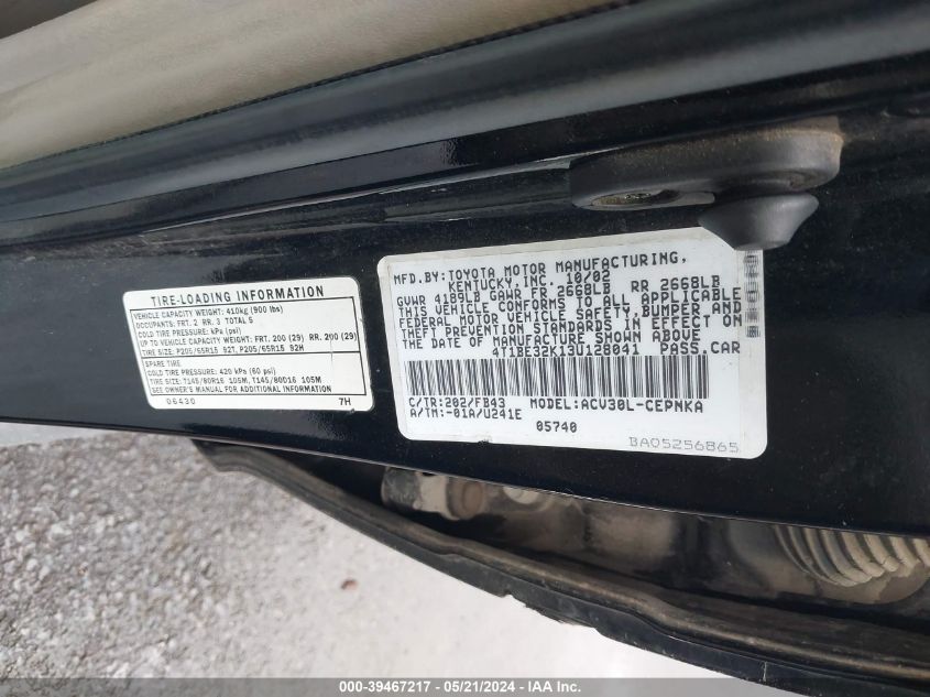 2003 Toyota Camry Le VIN: 4T1BE32K13U128041 Lot: 39467217