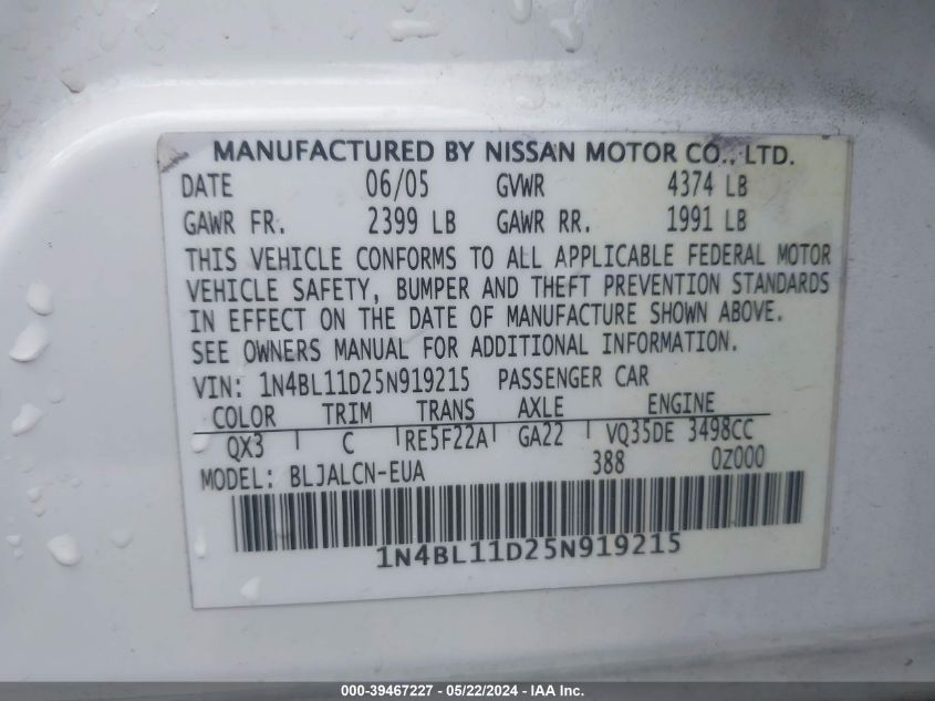 2005 Nissan Altima 3.5 Se VIN: 1N4BL11D25N919215 Lot: 39467227
