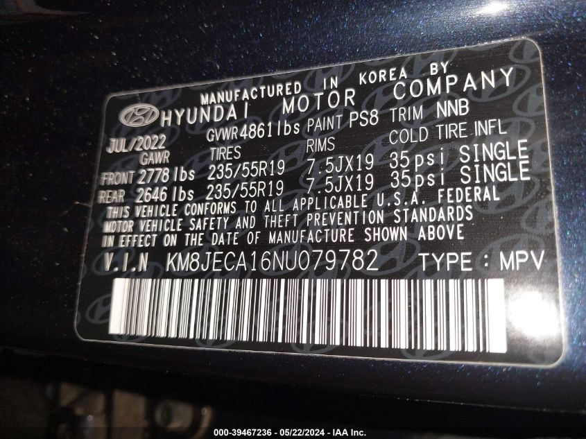 2022 Hyundai Tucson Hybrid Limited VIN: KM8JECA16NU079782 Lot: 39467236