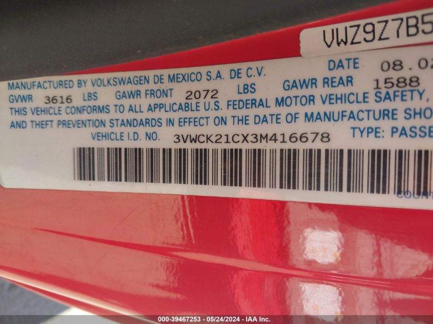 2003 Volkswagen New Beetle Gls 2.0L VIN: 3VWCK21CX3M416678 Lot: 39467253