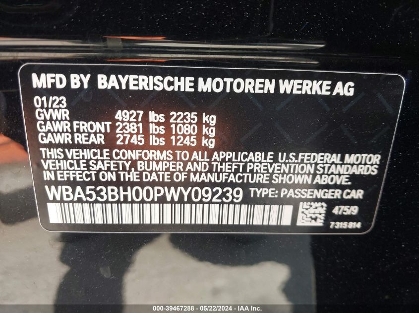 2023 BMW 530 I VIN: WBA53BH00PWY09239 Lot: 39467288