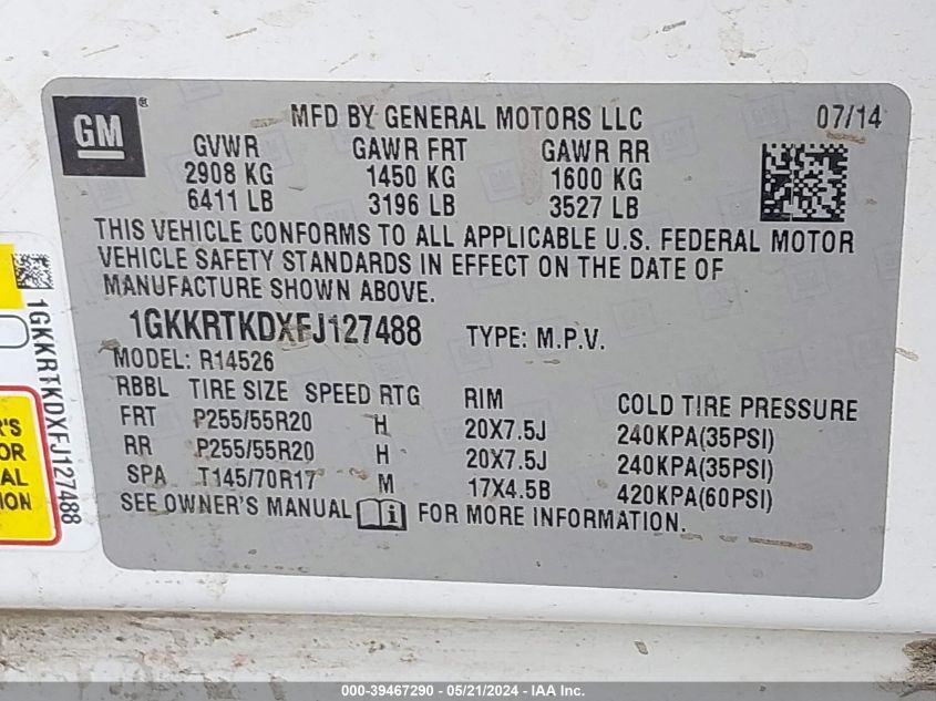 2015 GMC Acadia Denali VIN: 1GKKRTKDXFJ127488 Lot: 39467290