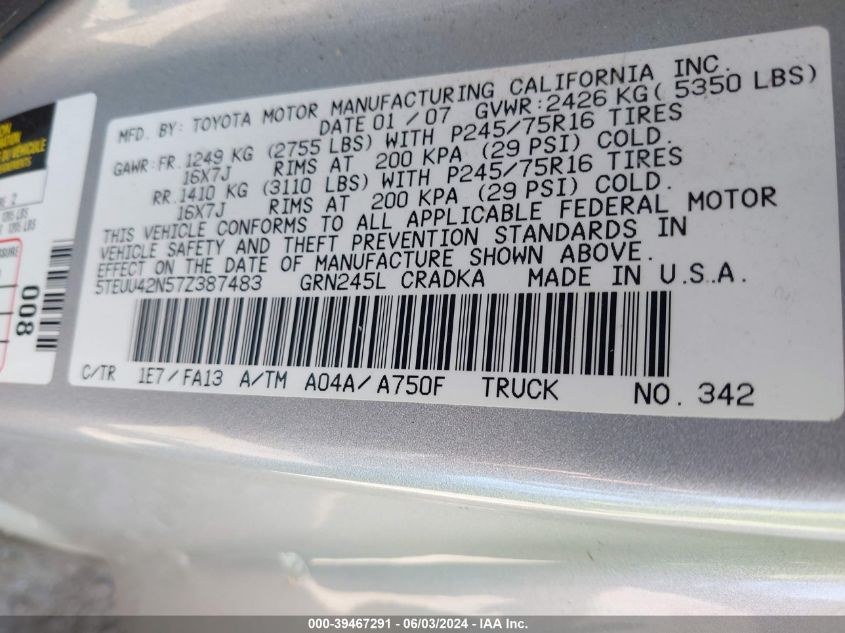 2007 Toyota Tacoma Base V6 VIN: 5TEUU42N57Z387483 Lot: 39467291