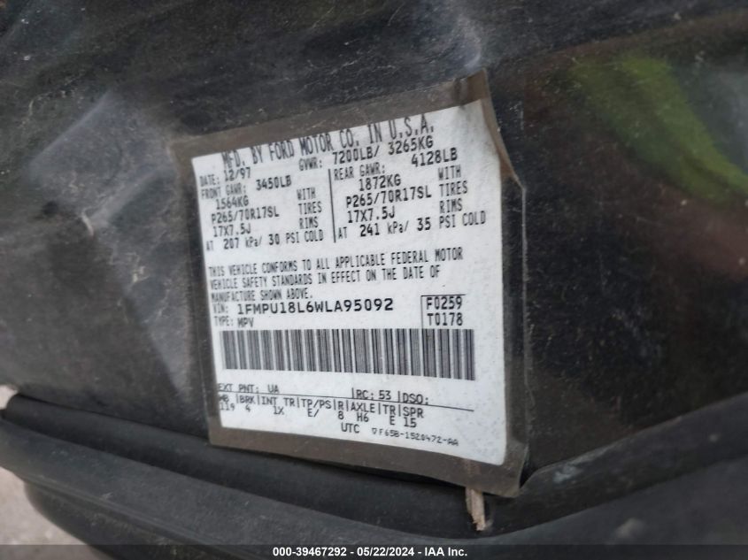 1998 Ford Expedition Eddie Bauer/Xlt VIN: 1FMPU18L6WLA95092 Lot: 39467292