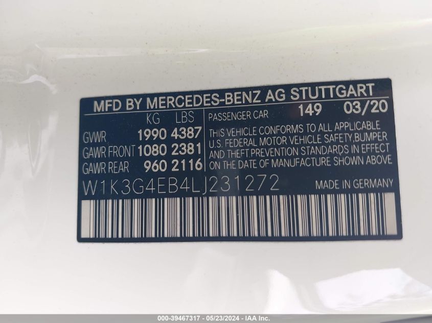 2020 Mercedes-Benz A 220 VIN: W1K3G4EB4LJ231272 Lot: 39467317