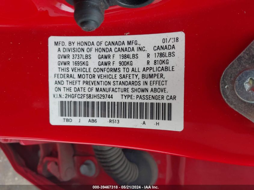 2018 Honda Civic Lx VIN: 2HGFC2F58JH529744 Lot: 39467318