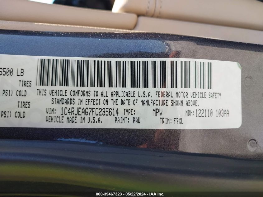 2015 Jeep Grand Cherokee Laredo VIN: 1C4RJEAG7FC235614 Lot: 39467323