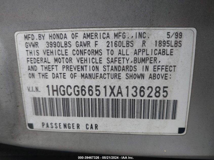 1999 Honda Accord Lx VIN: 1HGCG6651XA136285 Lot: 39467326