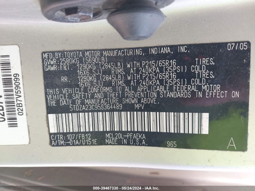 2005 Toyota Sienna Le VIN: 5TDZA23C95S364489 Lot: 39467330
