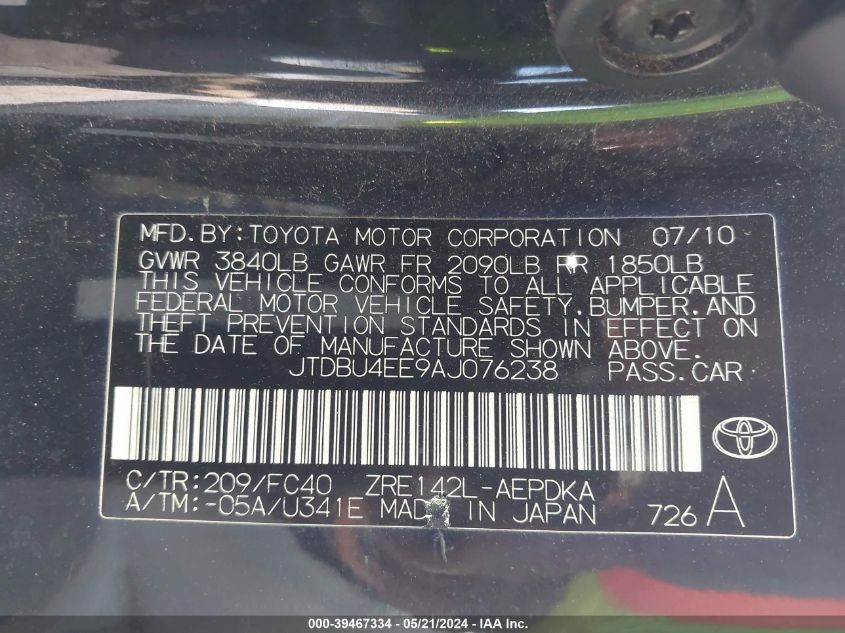 2010 Toyota Corolla Le VIN: JTDBU4EE9AJ076238 Lot: 39467334