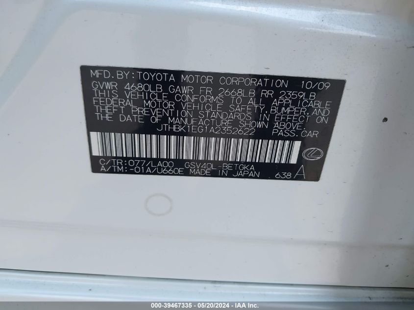 2010 Lexus Es 350 VIN: JTHBK1EG1A2352622 Lot: 39467335