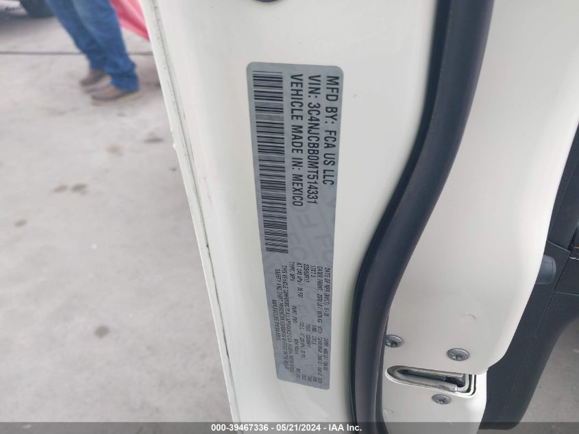 2021 Jeep Compass Latitude Fwd VIN: 3C4NJCBB0MT514331 Lot: 39467336