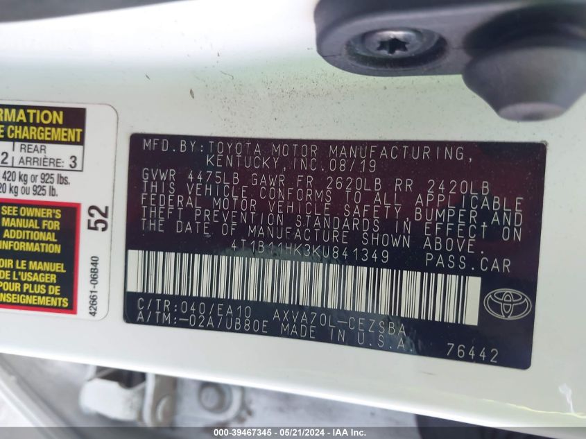 2019 Toyota Camry Se VIN: 4T1B11HK3KU841349 Lot: 39467345