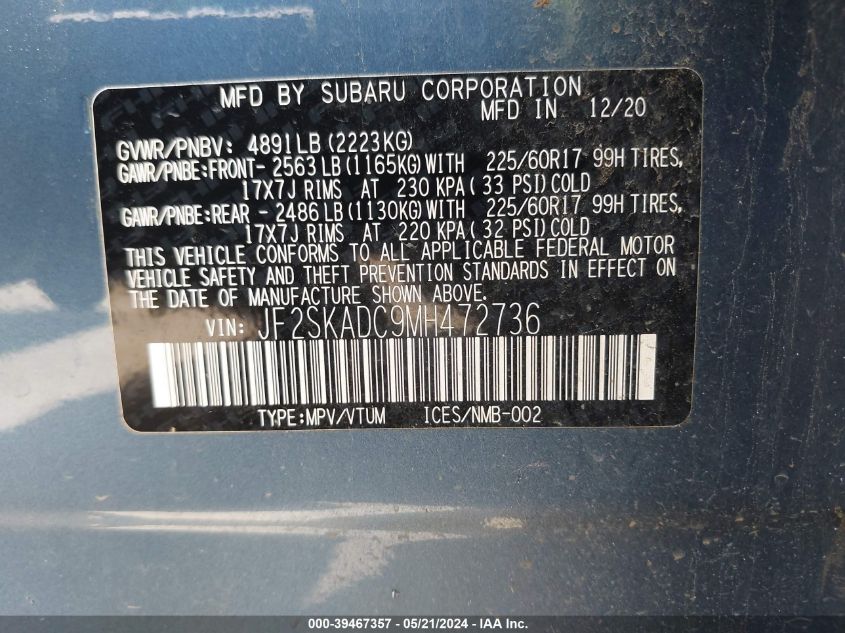 2021 Subaru Forester VIN: JF2SKADC9MH472736 Lot: 39467357