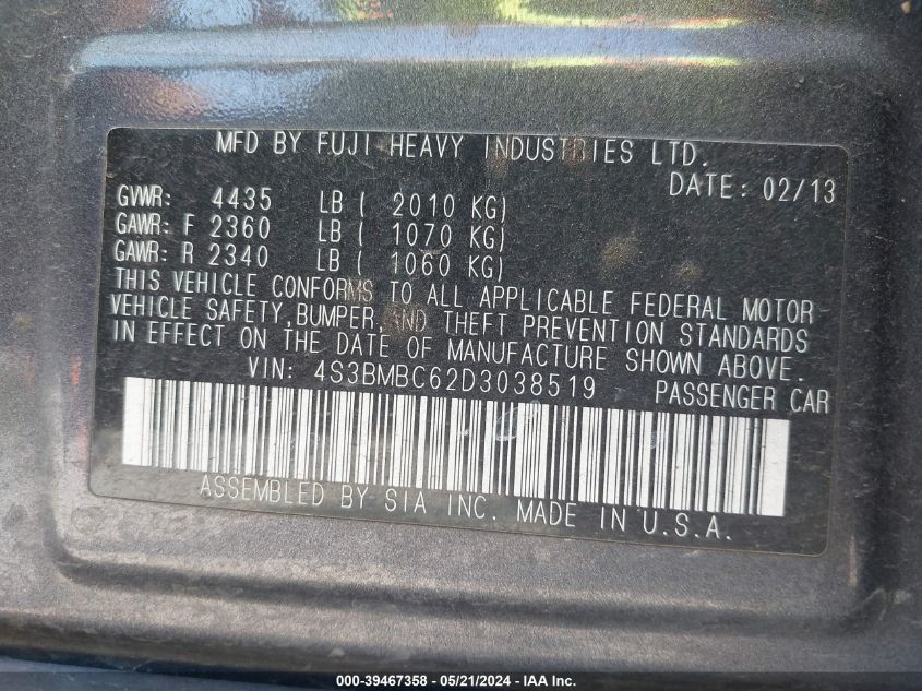 2013 Subaru Legacy 2.5I Premium VIN: 4S3BMBC62D3038519 Lot: 39467358