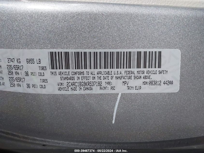 2019 Chrysler Pacifica Touring L VIN: 2C4RC1BG9KR537182 Lot: 39467374