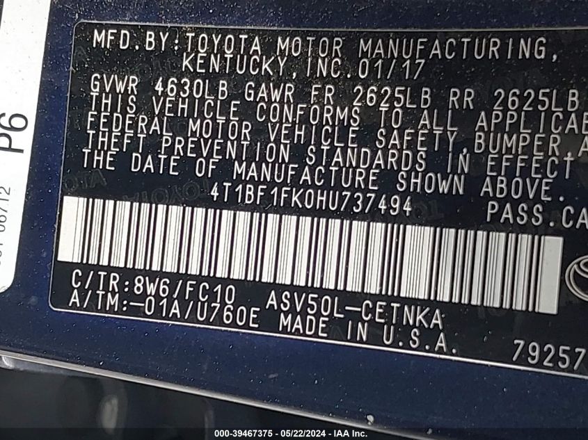 4T1BF1FK0HU73749 2017 Toyota Camry Le/Xle/Se/Xse