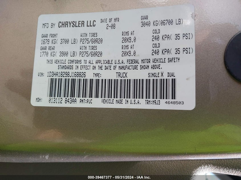 2008 Dodge Ram 1500 Slt VIN: 1D3HA18298J168826 Lot: 39467377